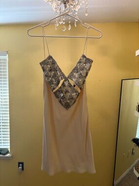 Beaded V-Neck Slip Dress in Champagne